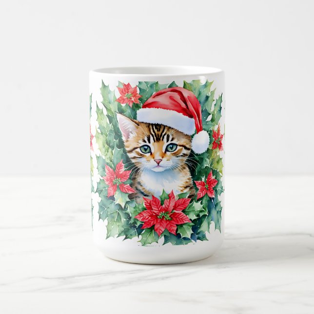 Taza De Café Gatito En Santa Hat Navidades Arte Acuático (Centro)