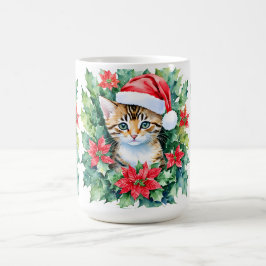 Taza De Café Gatito En Santa Hat Navidades Arte Acuático