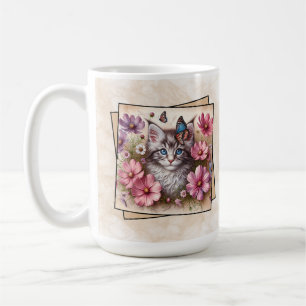 Taza De Café Gatito Gris Floral