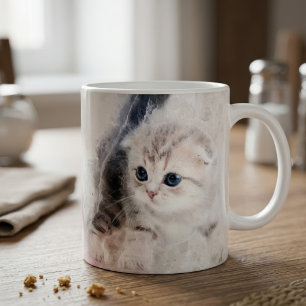 Taza De Café Gatito jugando con una bola de hilo rosa acuarela