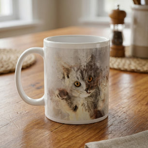 Taza De Café Gatito Juguetón de Acuarela con Ojos Brillantes de