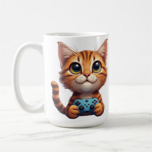 Taza De Café Gatito Naranja Sosteniendo Controlador de Juego Ga