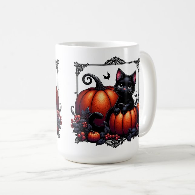 Taza De Café Gatito Negro Adorable Con Calabazas (Anverso derecho)