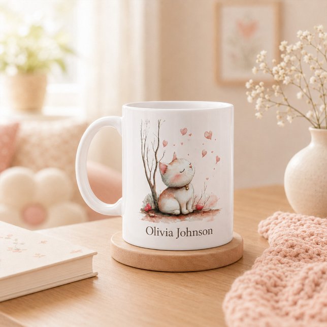 Taza De Café Gatito Personalizado con Corazones (Personalized Cute Kitten with Hearts Coffee Mug)