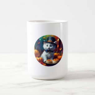 Taza De Café Gatito Vestido Como Peregrino Come Comida De Acció