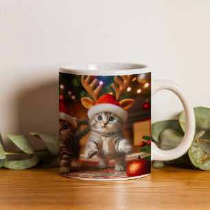 Taza De Café Gatitos con Santa Claus y gorras de renos 3