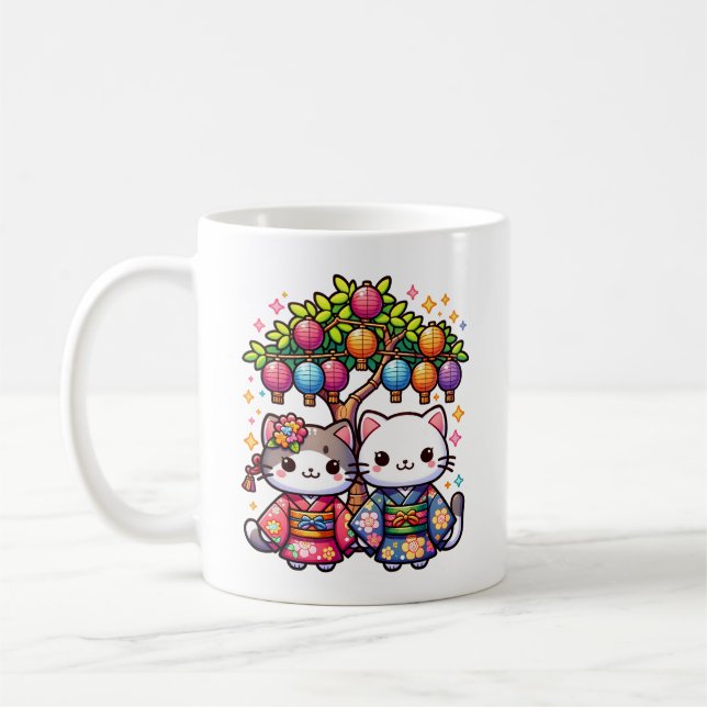 Taza De Café Gatitos de Tanabata en Kimonos (Izquierda)