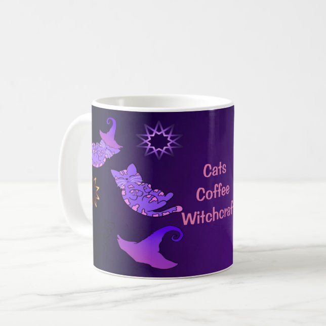 Taza De Café Gatitos morados con Gorras de brujas y estrellas (Anverso izquierdo)