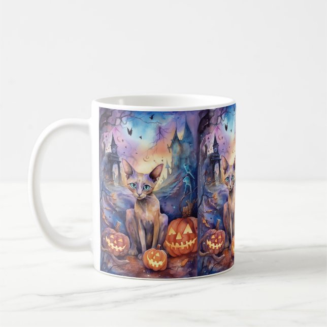 Taza De Café Gato abisano de Halloween con calabazas aterradora (Izquierda)