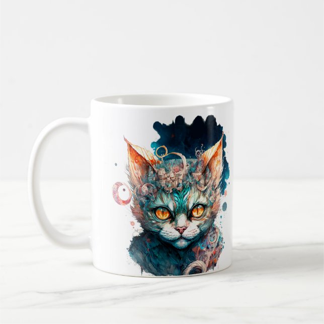 Taza De Café Gato acuarela en estilo steampunk  (Izquierda)