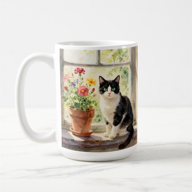 Taza De Café Gato acuarela, flores y poema (Izquierda)
