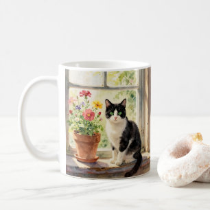 Taza De Café Gato acuarela, flores y poema