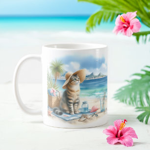 Taza De Café Gato acuático de verano en la playa