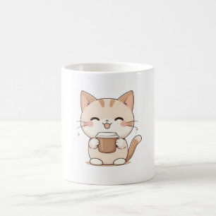 Taza De Café Gato Adorable Bebiendo Café Diseño Kawaii