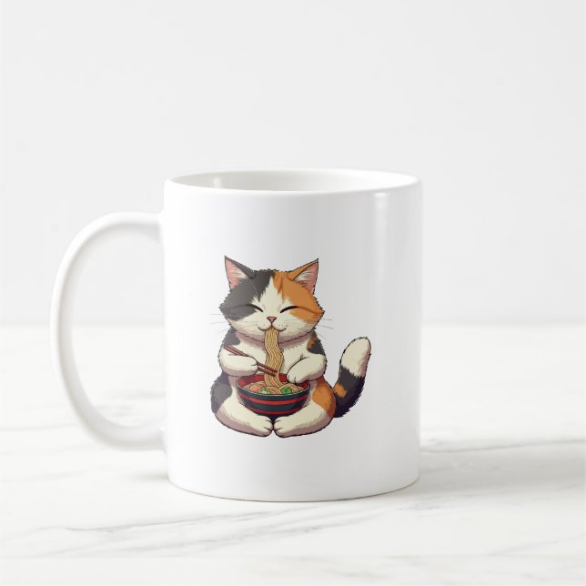Taza De Café Gato Adorable Disfrutando del Ramen (Izquierda)