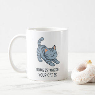 Taza De Café Gato atigrado gris estirándose Texto personalizado