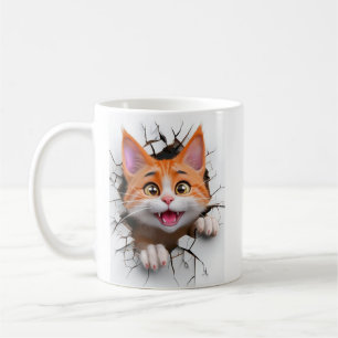 Taza De Café Gato atigrado naranja y blanco 3D rompe la pared