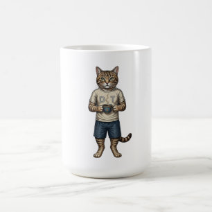 Taza De Café Gato Atigrado Vintage Colorido Bebiendo Café Arte
