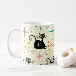 Taza De Café Gato atómico negro de mediados de siglo con estall