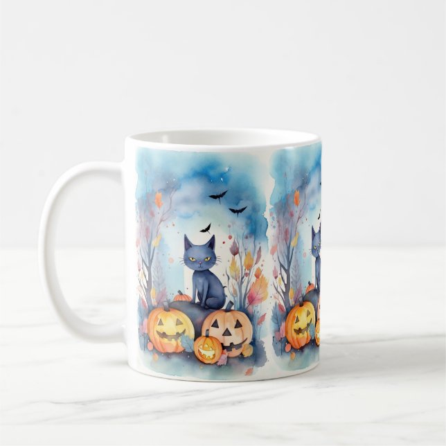 Taza De Café Gato azul oriental de Halloween con calabazas ater (Izquierda)