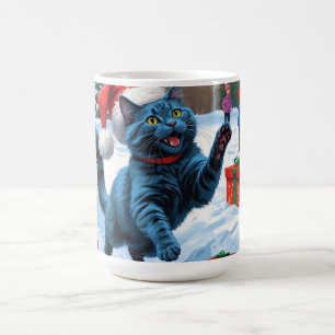 Taza De Café Gato Azul Ruso Corriendo Nieve con Sombrero de Nav