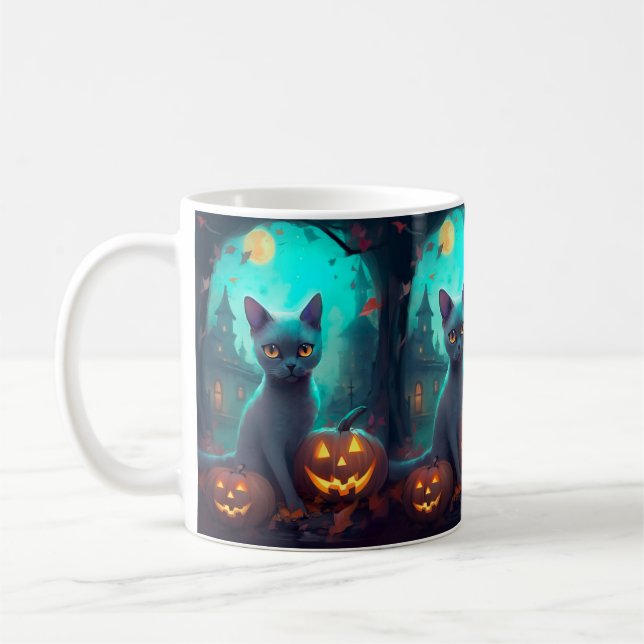 Taza De Café Gato azul ruso de Halloween con calabazas aterrado (Izquierda)
