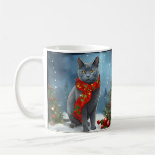 Taza De Café Gato azul ruso en Navidades de nieve
