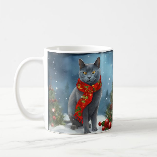 Taza De Café Gato azul ruso en Navidades de nieve (Izquierda)