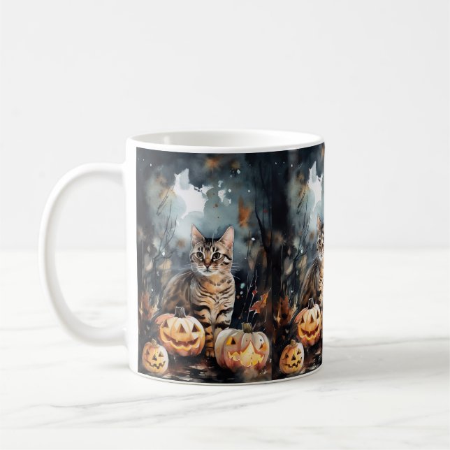 Taza De Café Gato Bengal de Halloween con calabazas aterradoras (Izquierda)