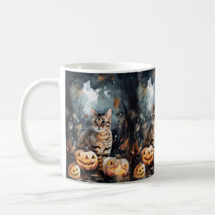 Taza De Café Gato Bengal de Halloween con calabazas espeluznant