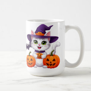 Taza De Café Gato Blanco Adorable Calabaza Bruja Sombrero Hallo