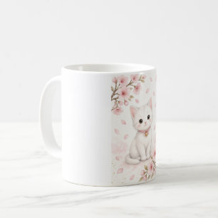 Taza De Café Gato blanco adorable en acuarela con flores de cer