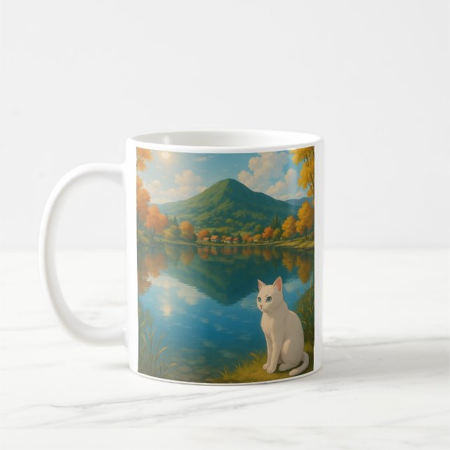Taza De Café Gato blanco cerca del lago - Mugre natural serena  (Izquierda)