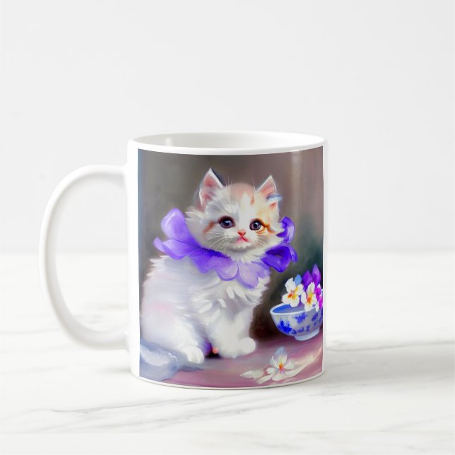 Taza De Café Gato blanco con pintura de cuello de flores morada (Izquierda)