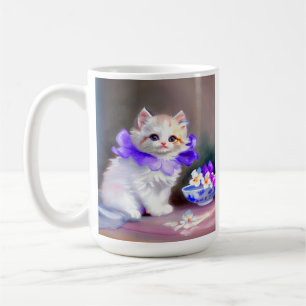 Taza De Café Gato blanco con pintura de cuello de flores morada