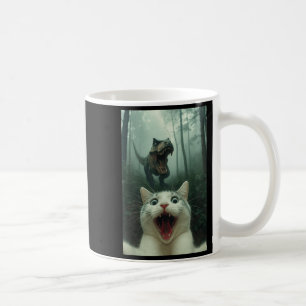 Taza De Café Gato Blanco Divertido Selfie Con Dinosaurio T-Rex,