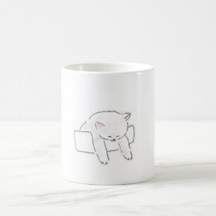 Taza De Café Gato Blanco Dormido Lindo en Arte Dibujado a Mano