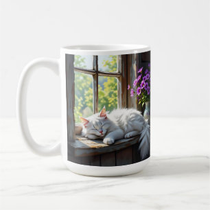 Taza De Café Gato Blanco Durmiendo y Flores Moradas 