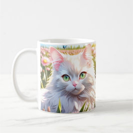 Taza De Café Gato blanco en arte de IA en campo de flores