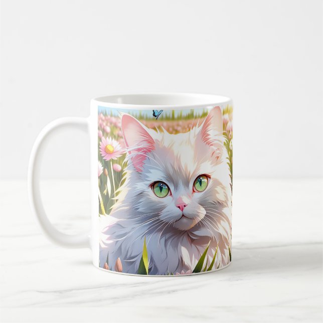 Taza De Café Gato blanco en arte de IA en campo de flores (Izquierda)