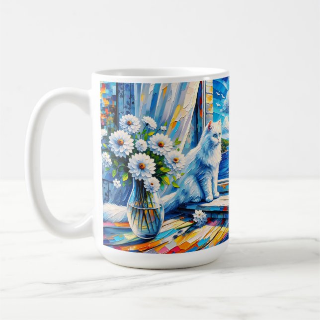 Taza De Café Gato blanco en el umbral de la ventana mirando hac (Izquierda)