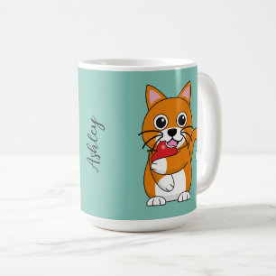 Taza De Café Gato blanco Naranja lindo comiendo Personalizado d