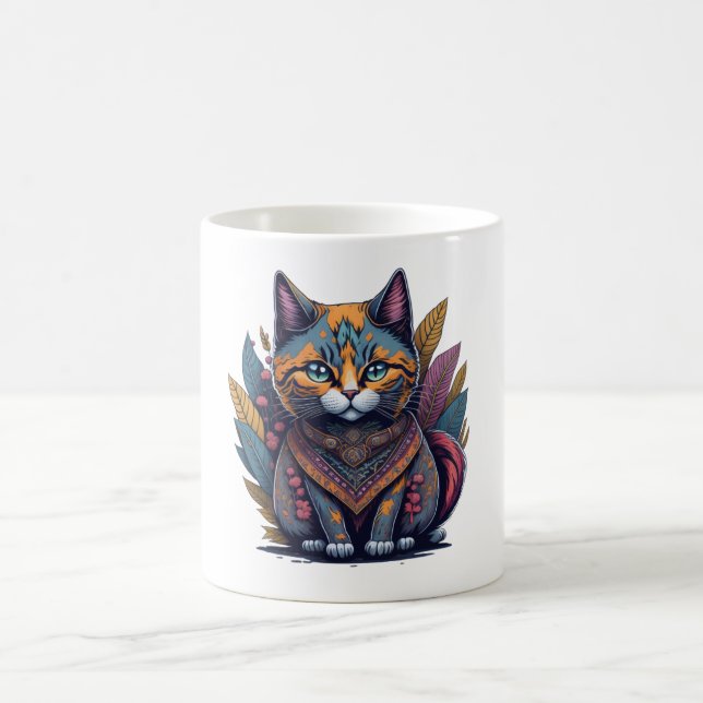 Taza De Café Gato bohemio de acuarela de contorno mágico (Centro)