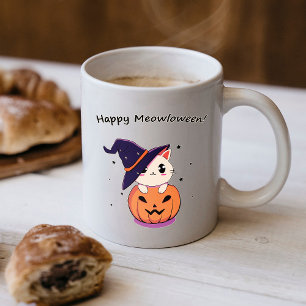 Taza De Café Gato Bruja Kawaii Adorable en Calabaza de Hallowee