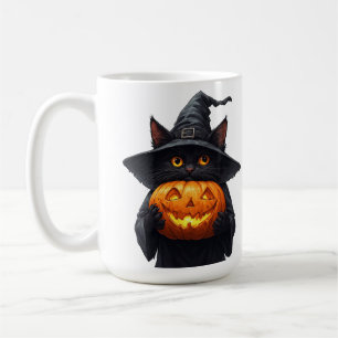 Taza De Café Gato Bruja Negro Lindo Sosteniendo Calabaza Brilla