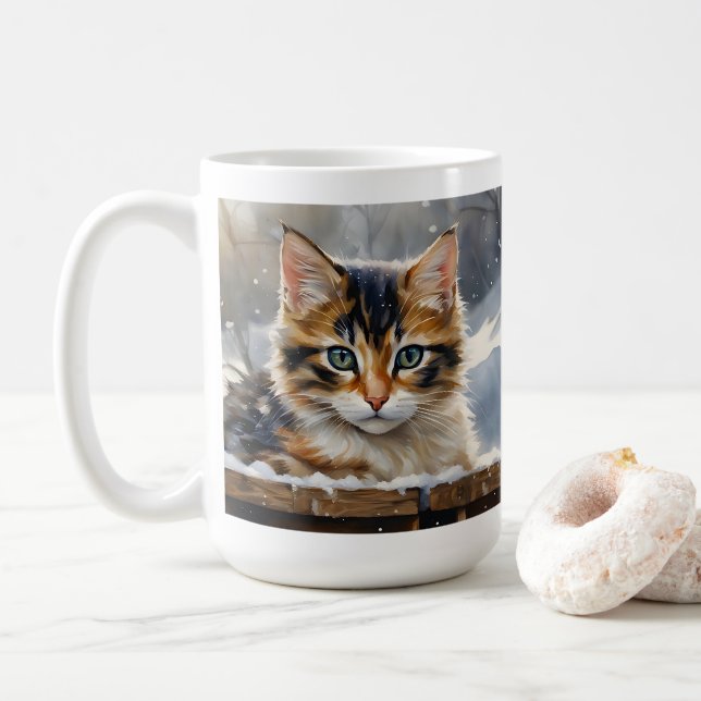 Taza De Café Gato calico adorable en la nieve (Con donut)