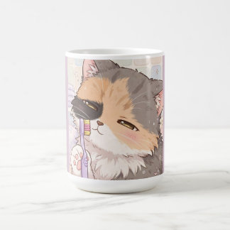 Taza De Café Gato calico anime con cepillo de dientes
