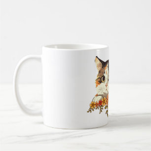 Taza De Café Gato Calico Kawaii Arte Floral Asomándose