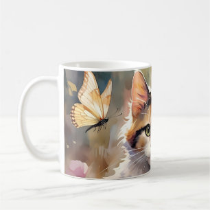 Taza De Café Gato calico y mariposas en jardín de primavera
