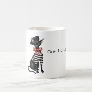 Taza De Café Gato Chic París Lazo Rojo Rayas Blancas Negras